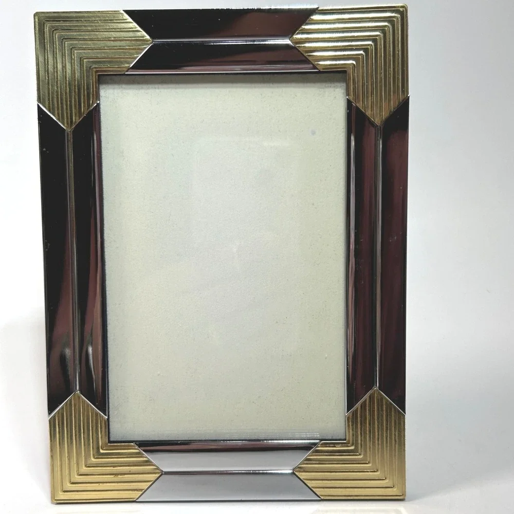 Vintage Art Deco Mixed Metal Picture Frame Gold Silver Ribbed Geometric 5x7